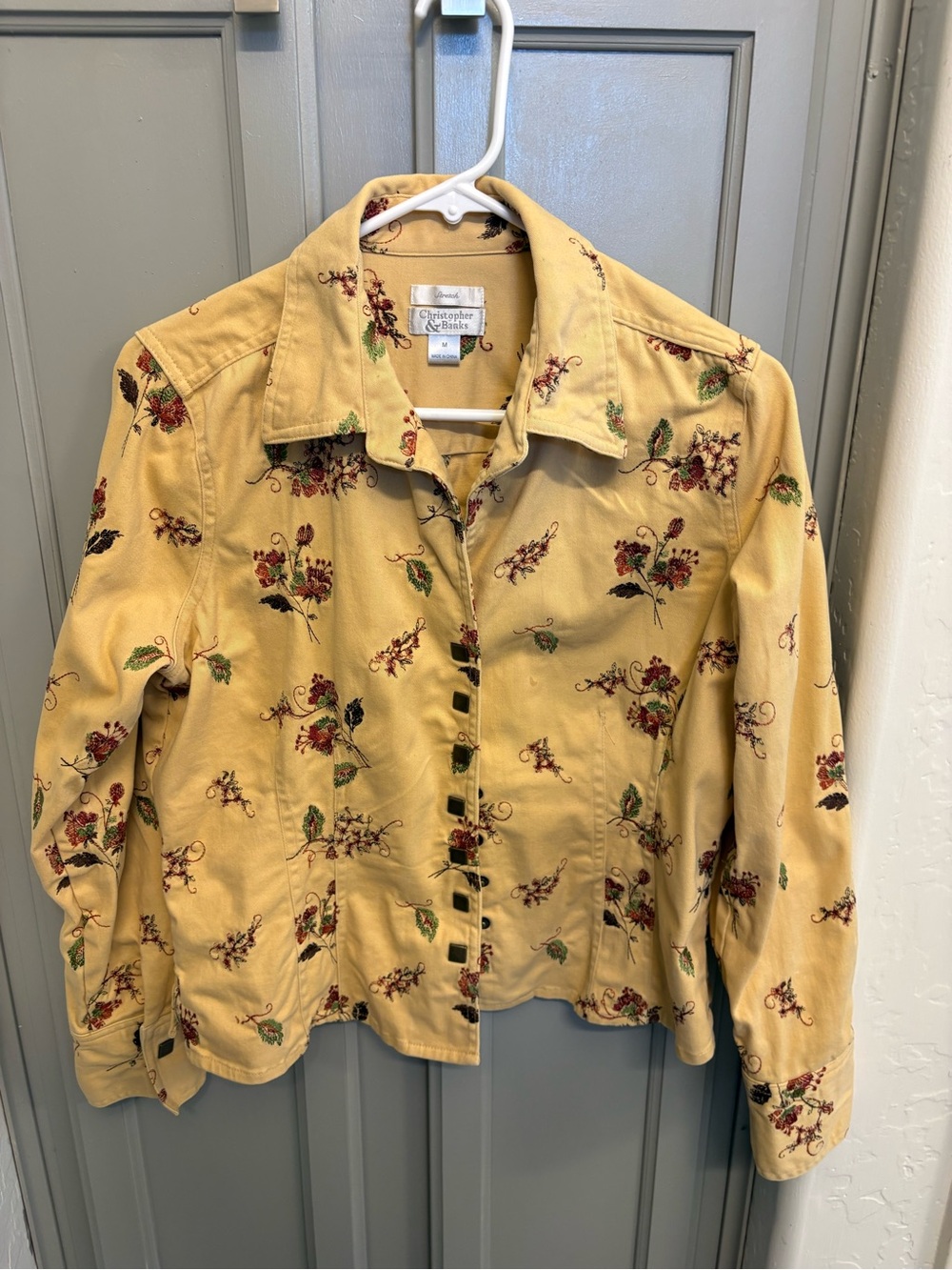 Christopher & Banks Mustard Yellow Floral Embroidered Button Jacket